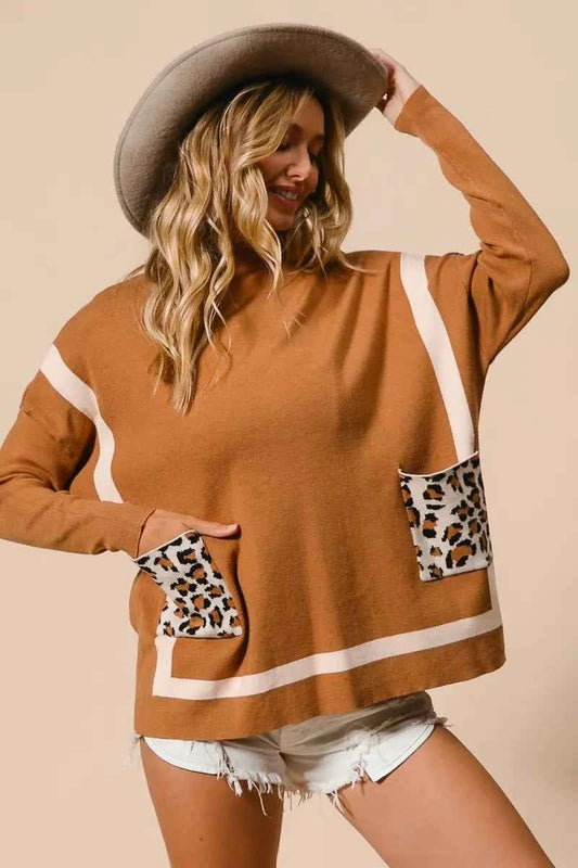 BiBi Mock Neck Sweater with Leopard Pocket