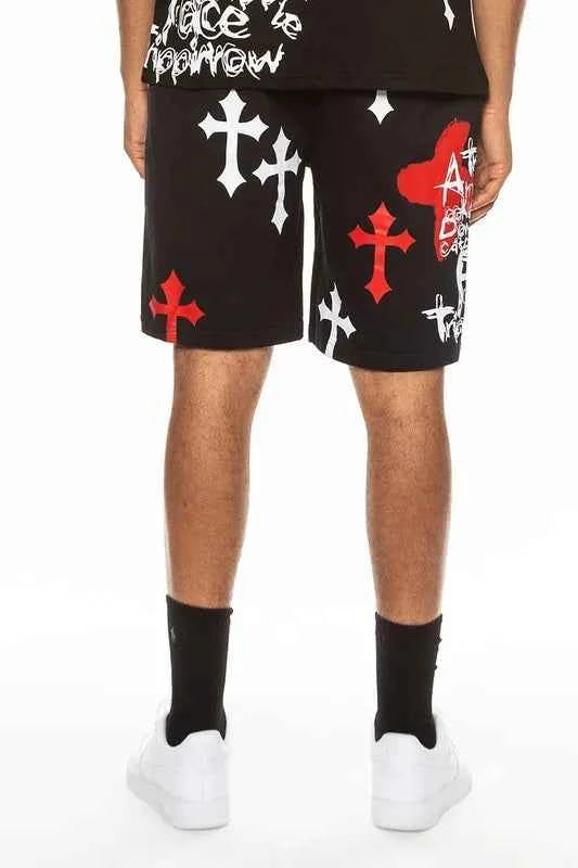 WEIV Men's Full Size Chrome Cross Skull Print Drawstring Shorts Plus Size