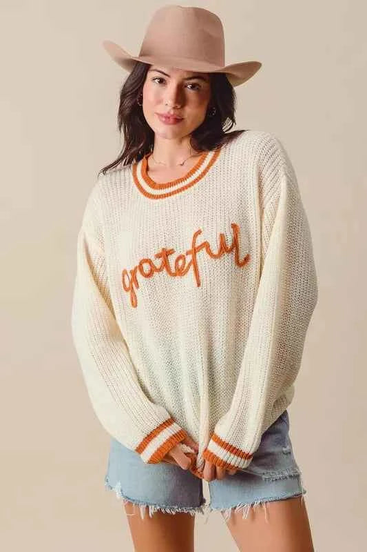 SO ME Thanksgiving Grateful Lettering Stitch Sweater