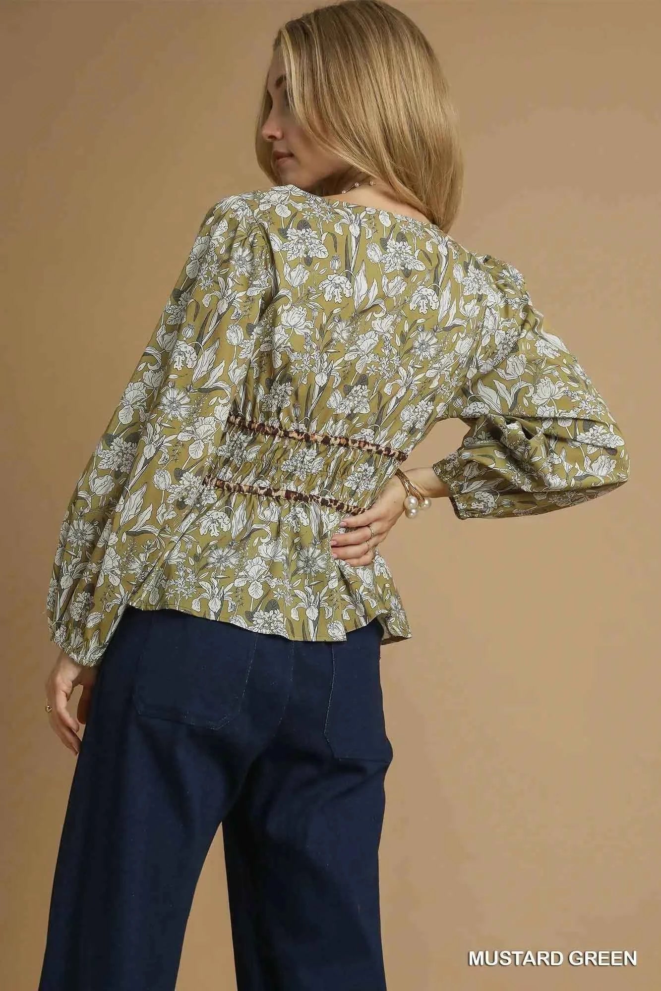 Umgee Floral Smocked Peplum Blouse with Tie Detail