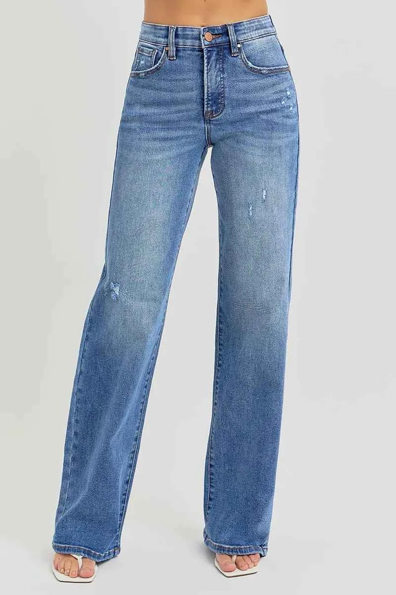 RISEN Full Size Tummy Control Elastic Band High Rise Wide Jeans Plus Size