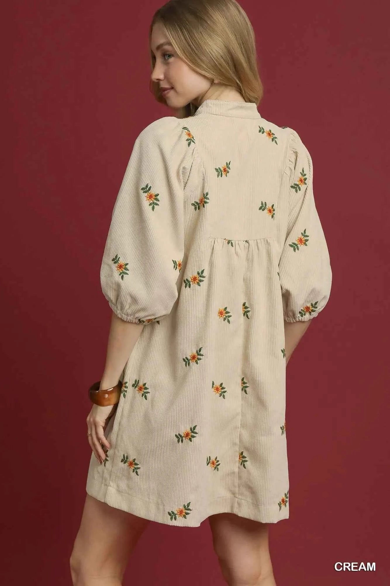 Umgee Corduroy Babydoll Dress with Floral Embroidery