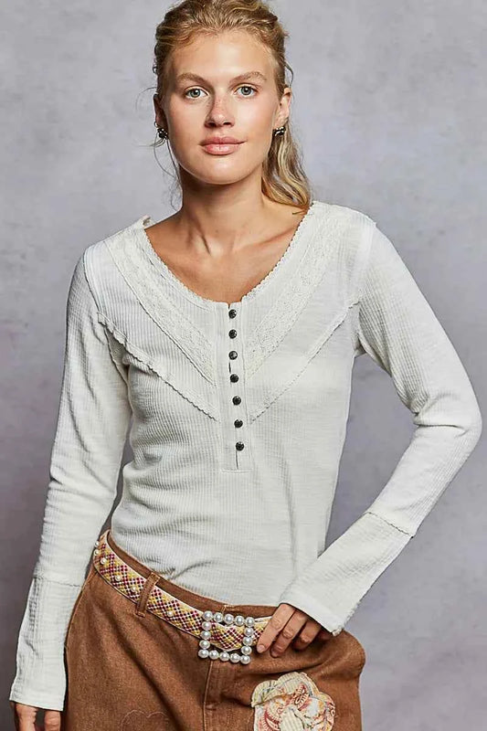 POL Ribbed Half Button Lace Detail Knit Top