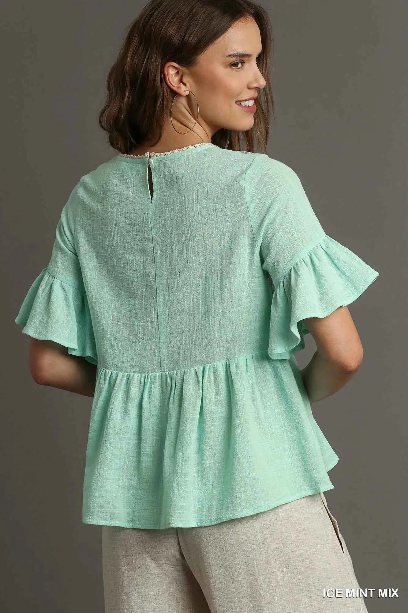 Umgee Floral Lace Trimmed Detail Half Sleeve Babydoll Top