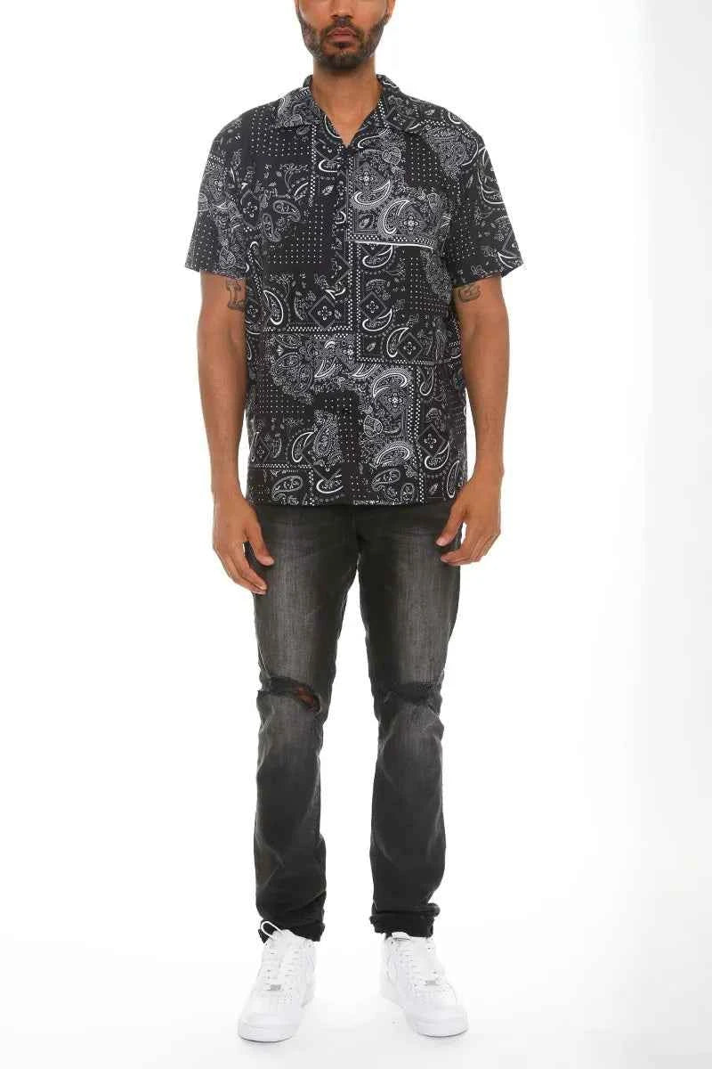 WEIV Men's Full Size Paisley Print Short Sleeve Button-Up Shirt Plus Size