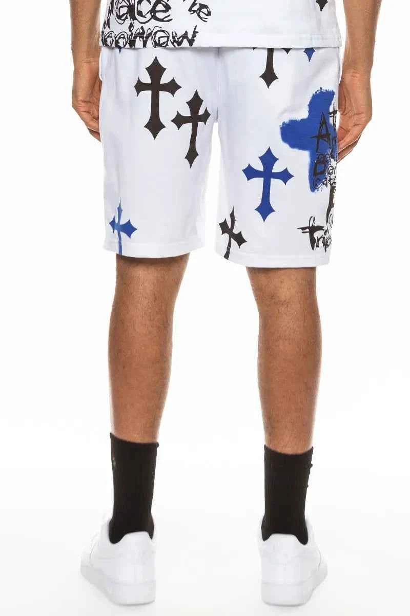 WEIV Men's Full Size Chrome Cross Skull Print Drawstring Shorts Plus Size