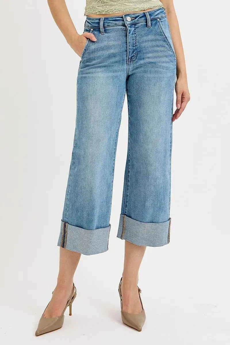 RISEN Full Size Tummy Control High Rise Ankle Wide Cuffed Jeans Plus Size