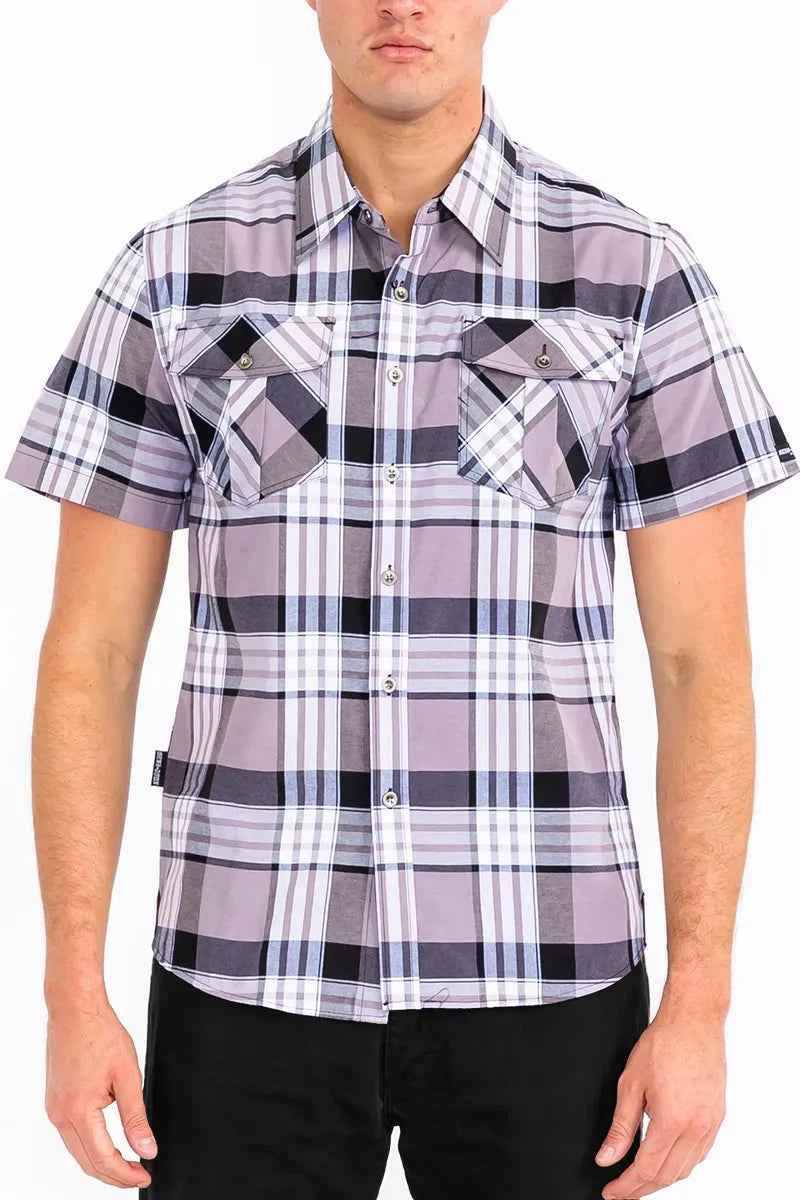 WEIV Men's Full Size Plaid Short Sleeve Button-Up Shirt with Dual Chest Pockets Plus Size