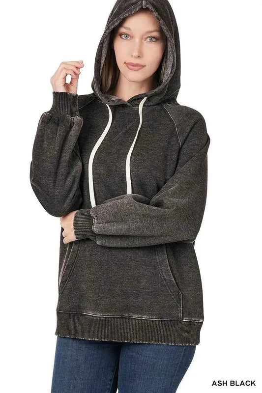 Zenana Acid Wash Fleece Hoodie with Drawstring