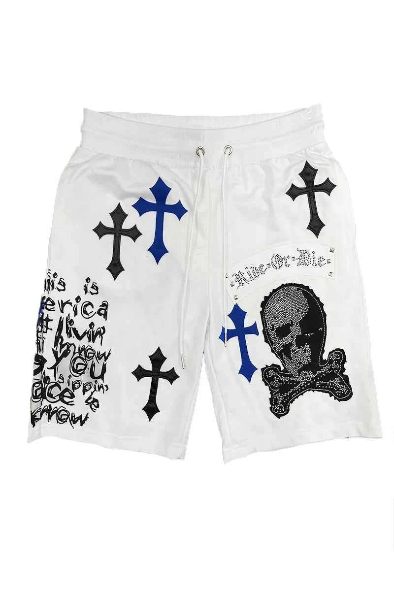 WEIV Men's Full Size Chrome Cross Skull Print Drawstring Shorts Plus Size