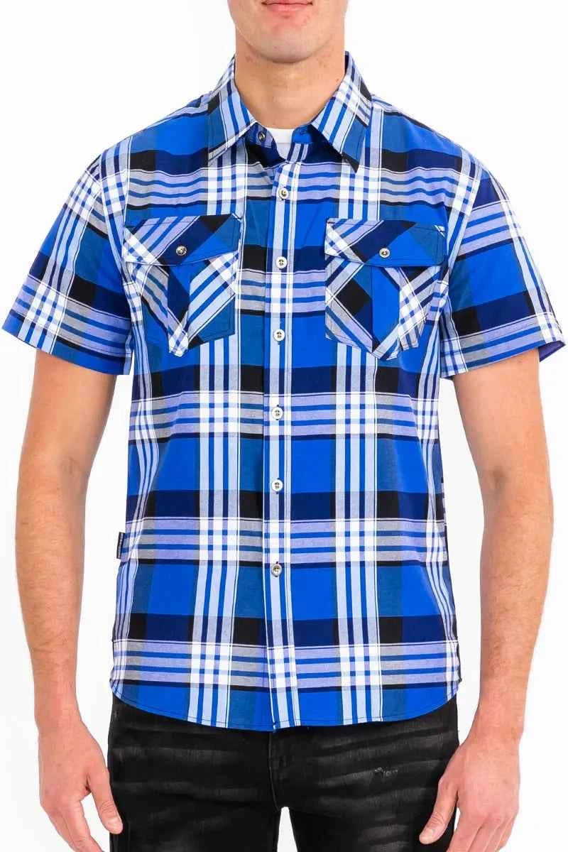 WEIV Men's Full Size Plaid Short Sleeve Button-Up Shirt with Dual Chest Pockets Plus Size