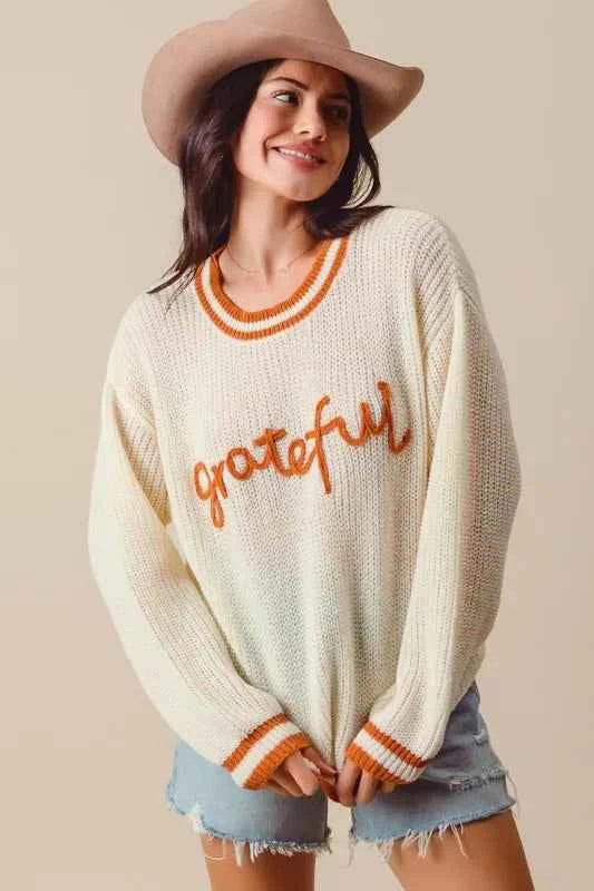 SO ME Thanksgiving Grateful Lettering Stitch Sweater