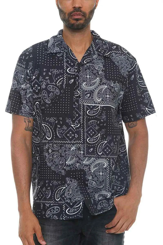 WEIV Men's Full Size Paisley Print Short Sleeve Button-Up Shirt Plus Size