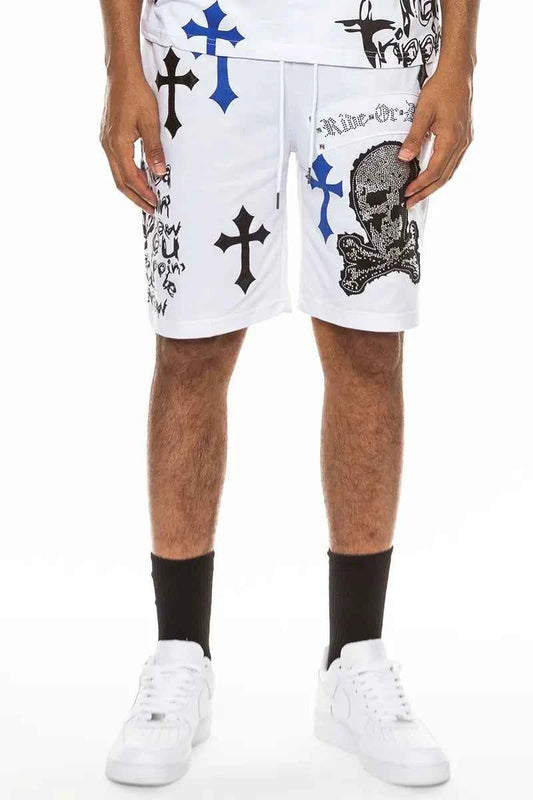 WEIV Men's Full Size Chrome Cross Skull Print Drawstring Shorts Plus Size
