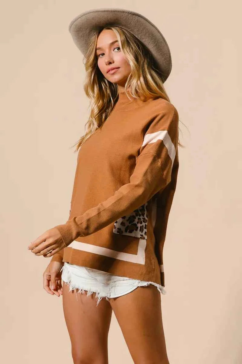 BiBi Mock Neck Sweater with Leopard Pocket