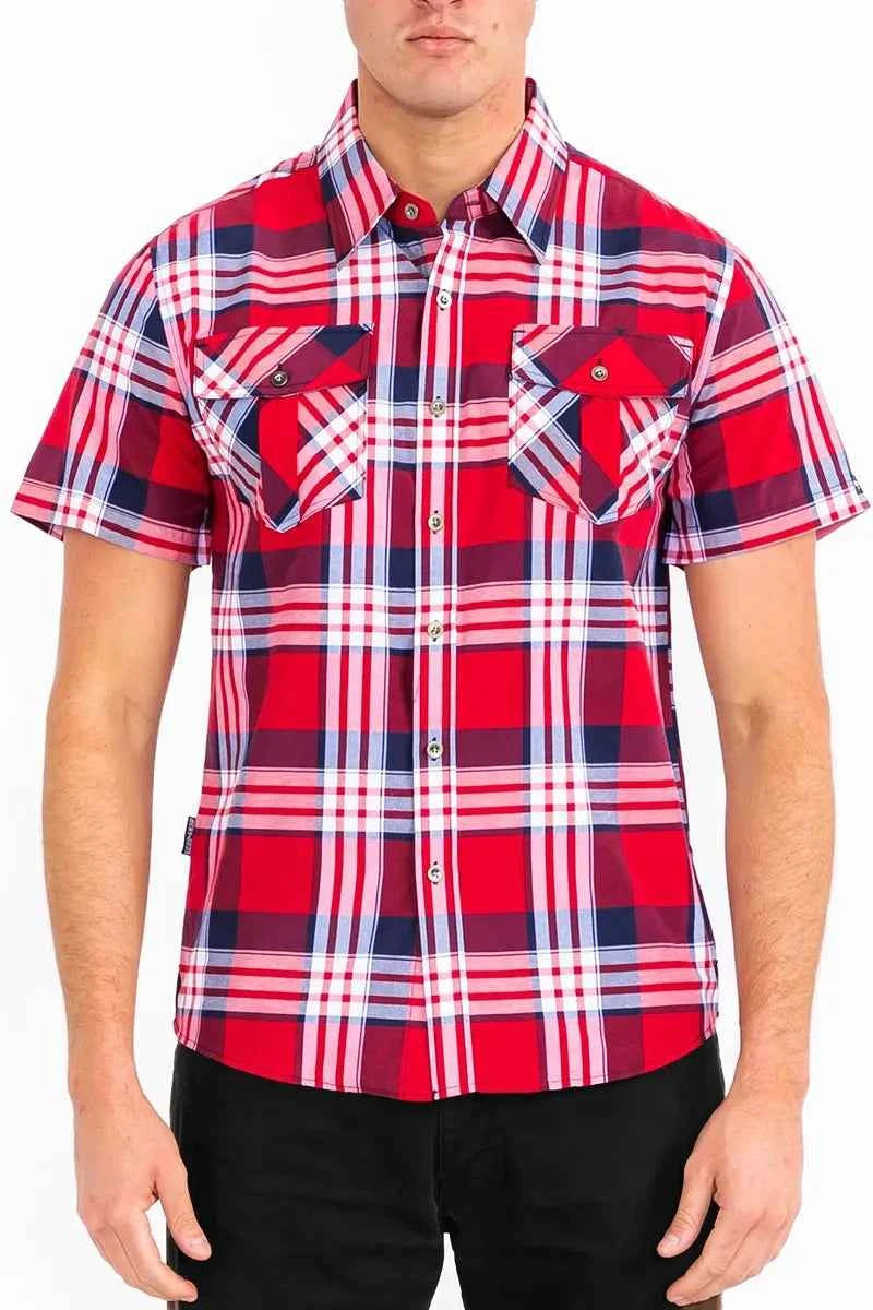 WEIV Men's Full Size Plaid Short Sleeve Button-Up Shirt with Dual Chest Pockets Plus Size
