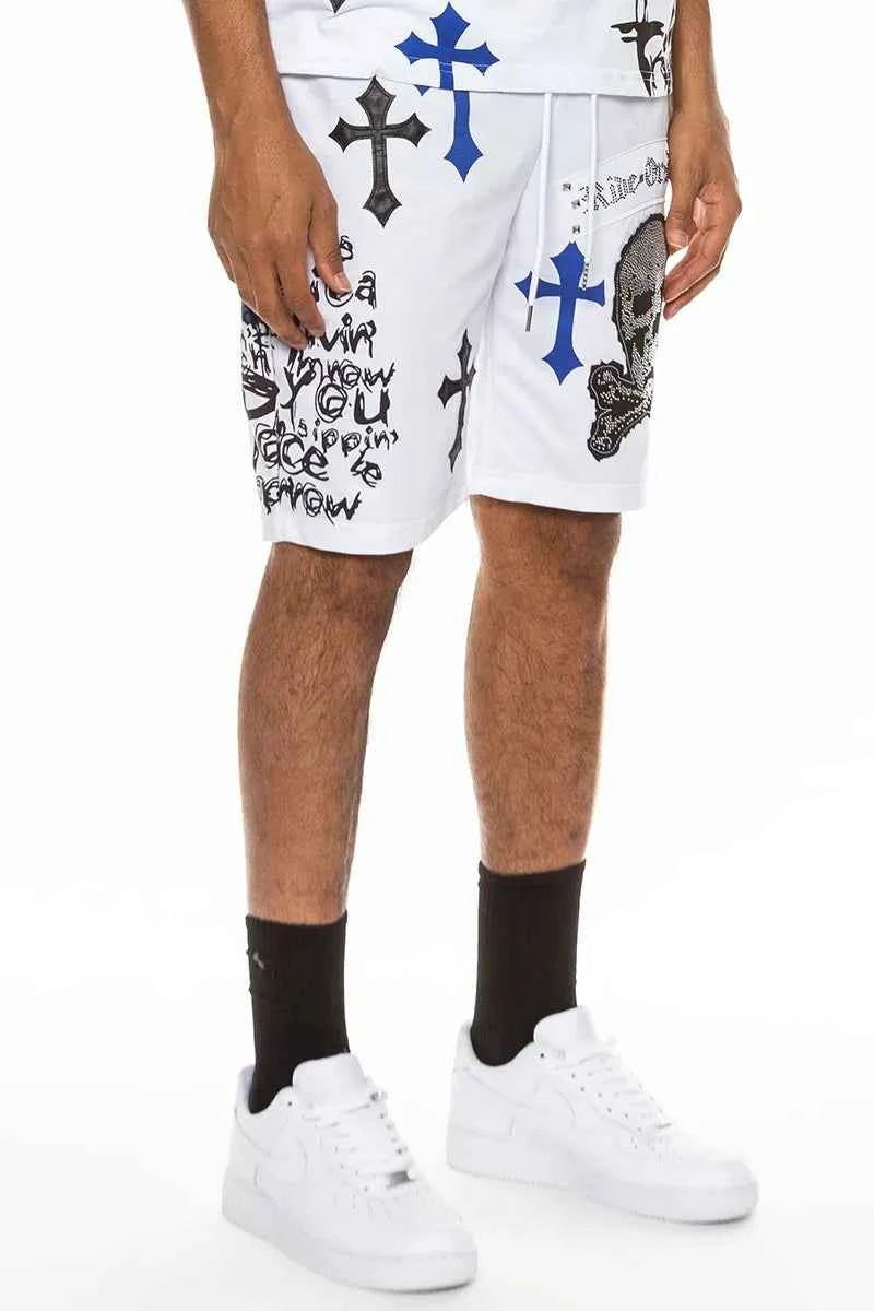 WEIV Men's Full Size Chrome Cross Skull Print Drawstring Shorts Plus Size