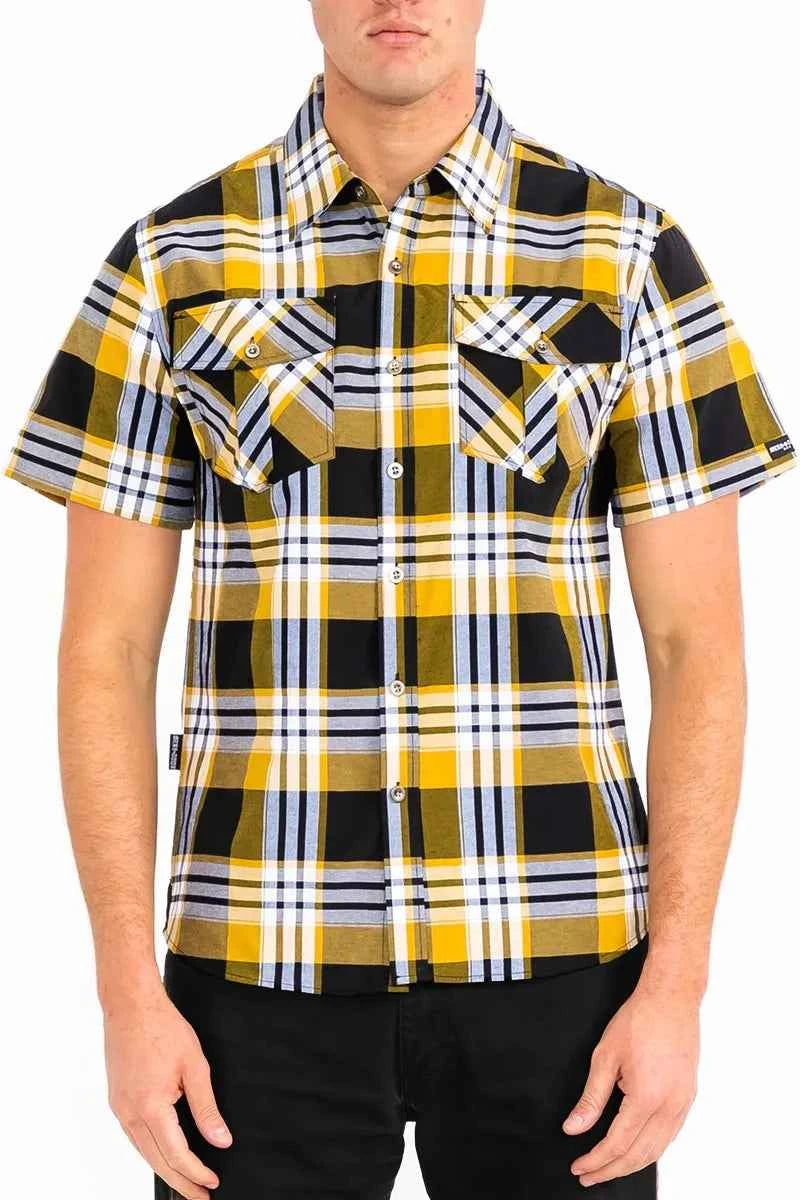 WEIV Men's Full Size Plaid Short Sleeve Button-Up Shirt with Dual Chest Pockets Plus Size