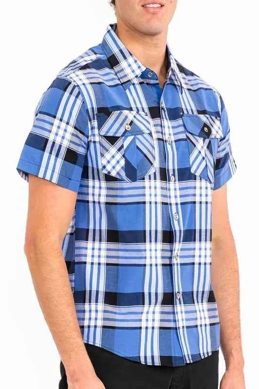 WEIV Men's Full Size Plaid Short Sleeve Button-Up Shirt with Dual Chest Pockets Plus Size