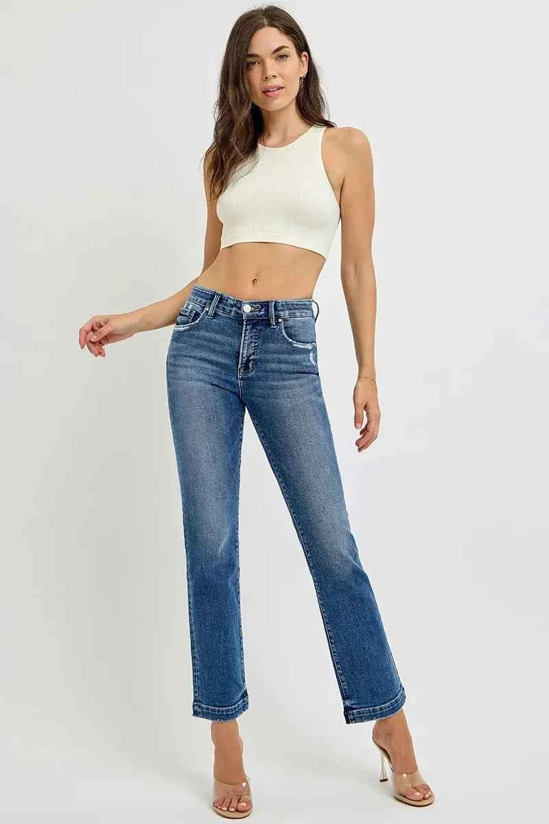 RISEN Full Size Tummy Control Elastic Band Mid Rise Straight Jeans Plus Size