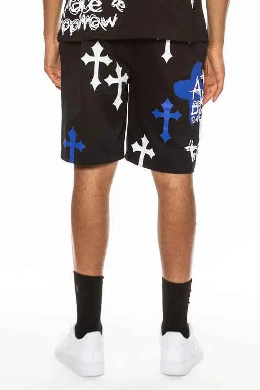 WEIV Men's Full Size Chrome Cross Skull Print Drawstring Shorts Plus Size