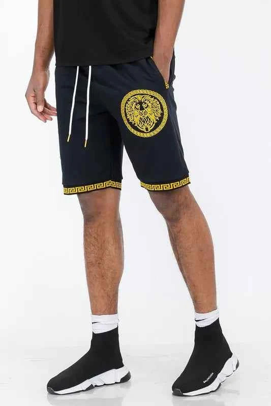 WEIV Men's Full Size Lion Head Black And Gold Detail Shorts Plus Size