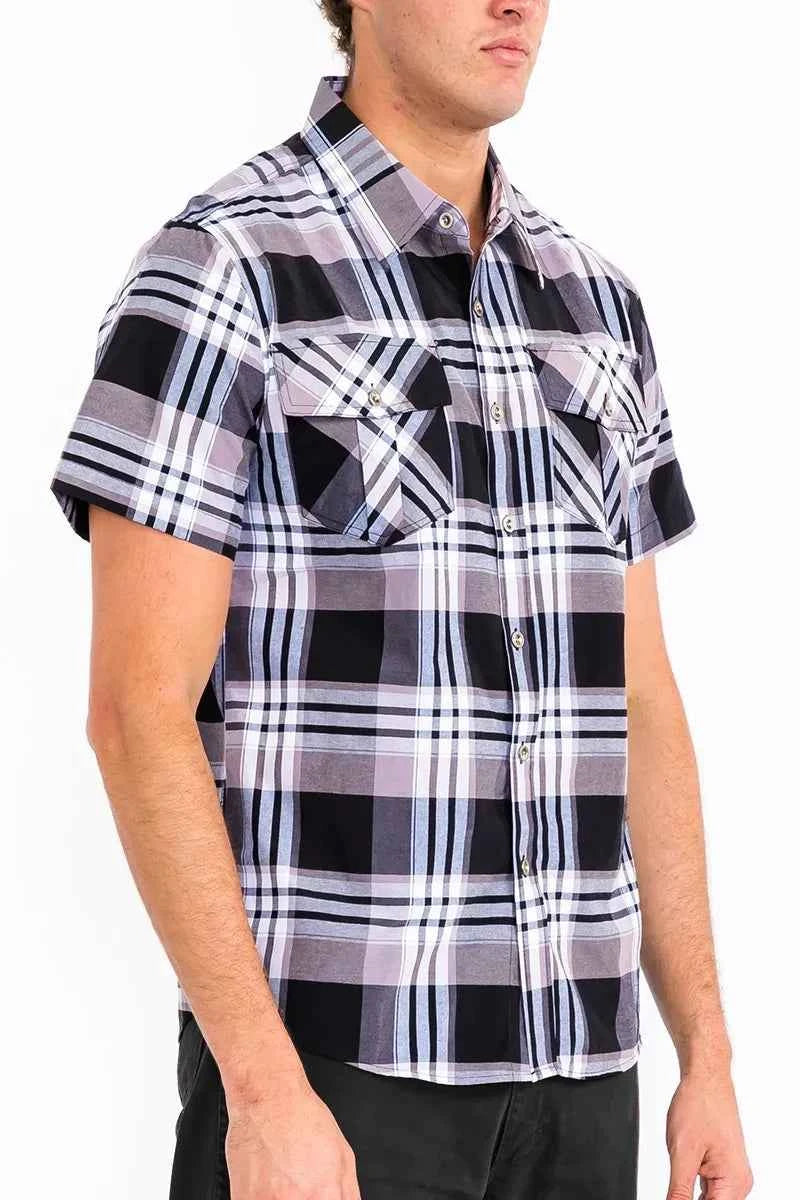 WEIV Men's Full Size Plaid Short Sleeve Button-Up Shirt with Dual Chest Pockets Plus Size
