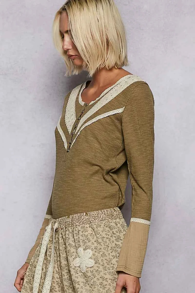 POL Ribbed Half Button Lace Detail Knit Top