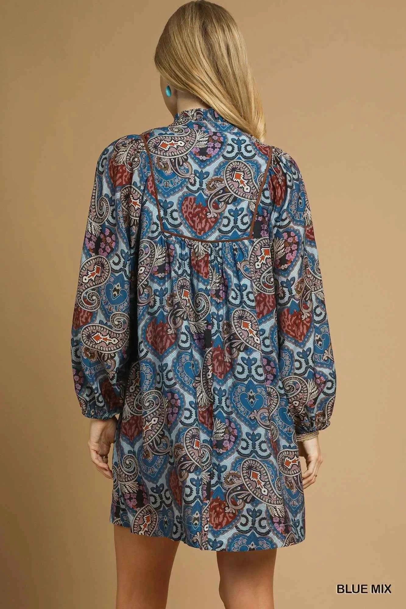Umgee Boho Mix Paisley Babydoll Dress