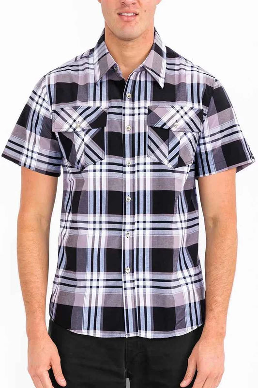 WEIV Men's Full Size Plaid Short Sleeve Button-Up Shirt with Dual Chest Pockets Plus Size