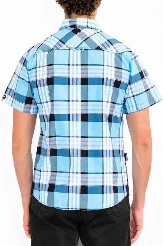 WEIV Men's Full Size Plaid Short Sleeve Button-Up Shirt with Dual Chest Pockets Plus Size