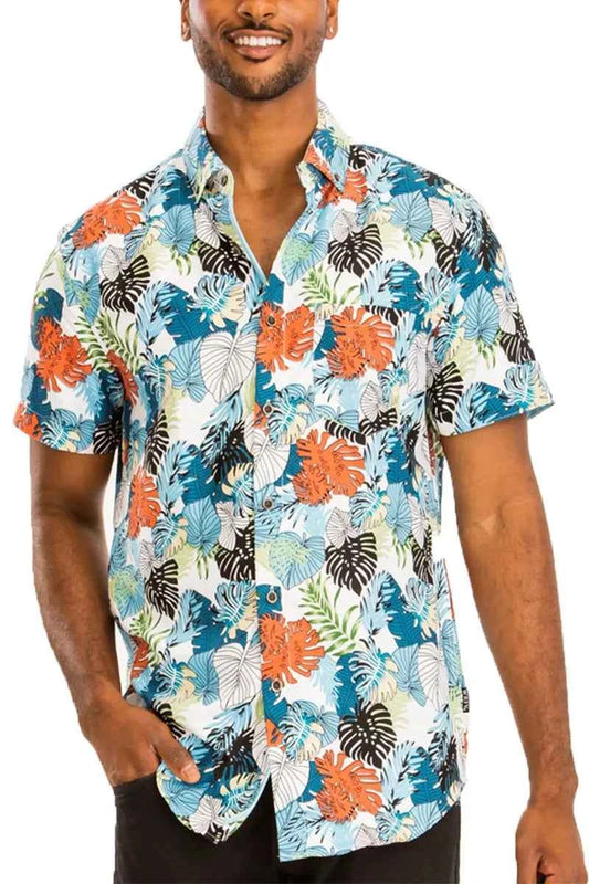 WEIV Men's Full Size Hawaiian Print Button Down Shirt Plus Size