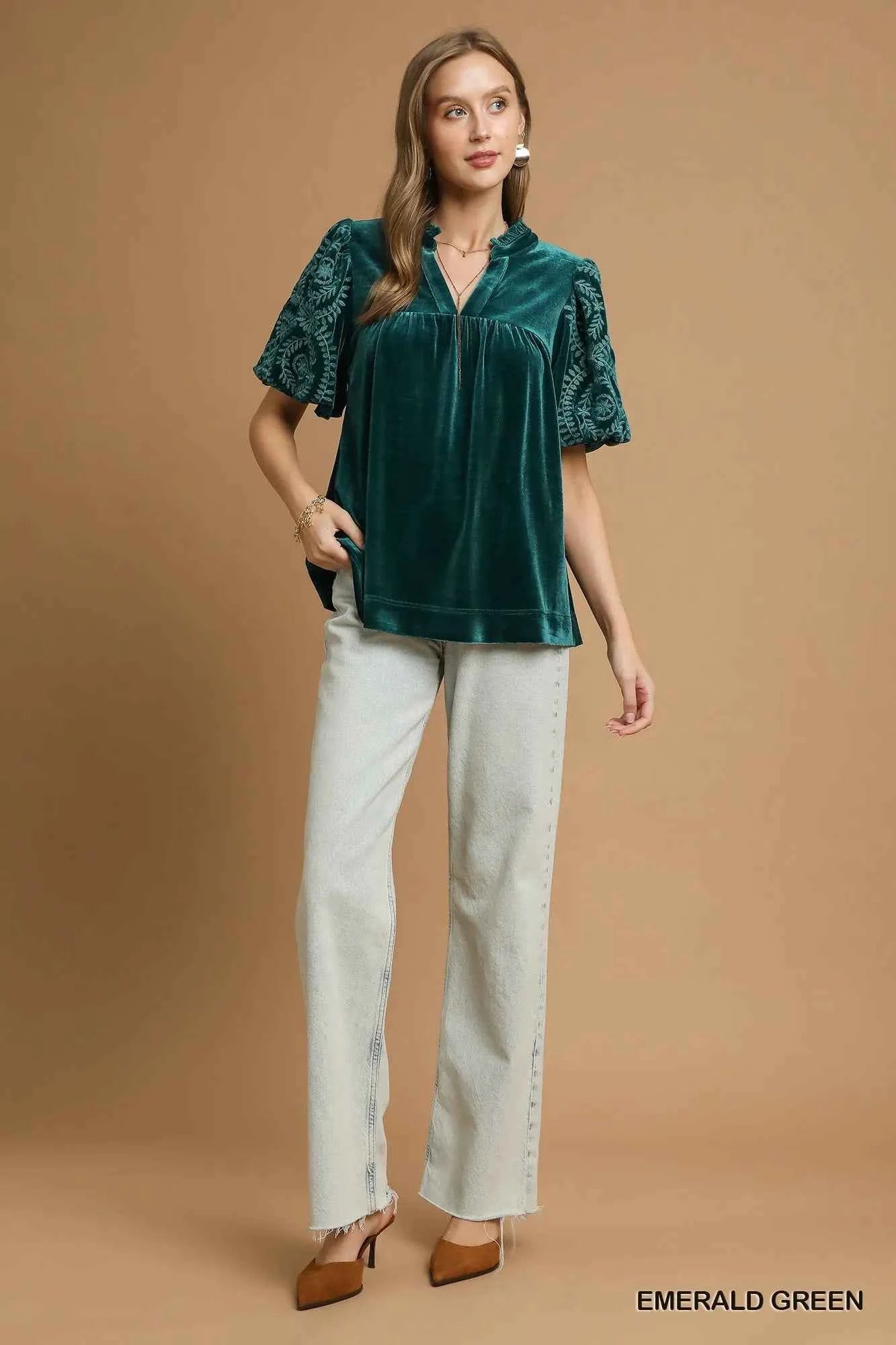 Umgee Velvet Embroidered Sleeve Blouse