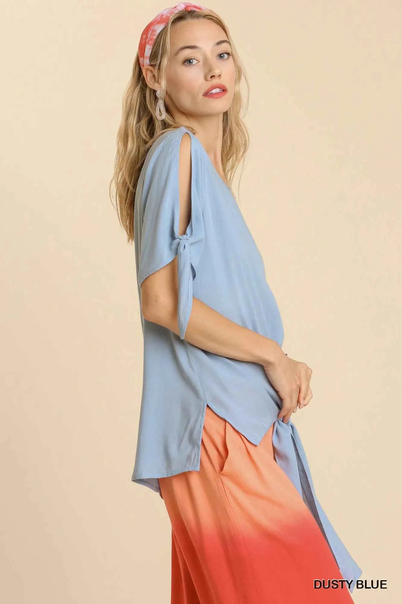 Umgee Cold Shoulder Short Sleeve Round Neck Top with Side Slits and Tie-able Knot Details