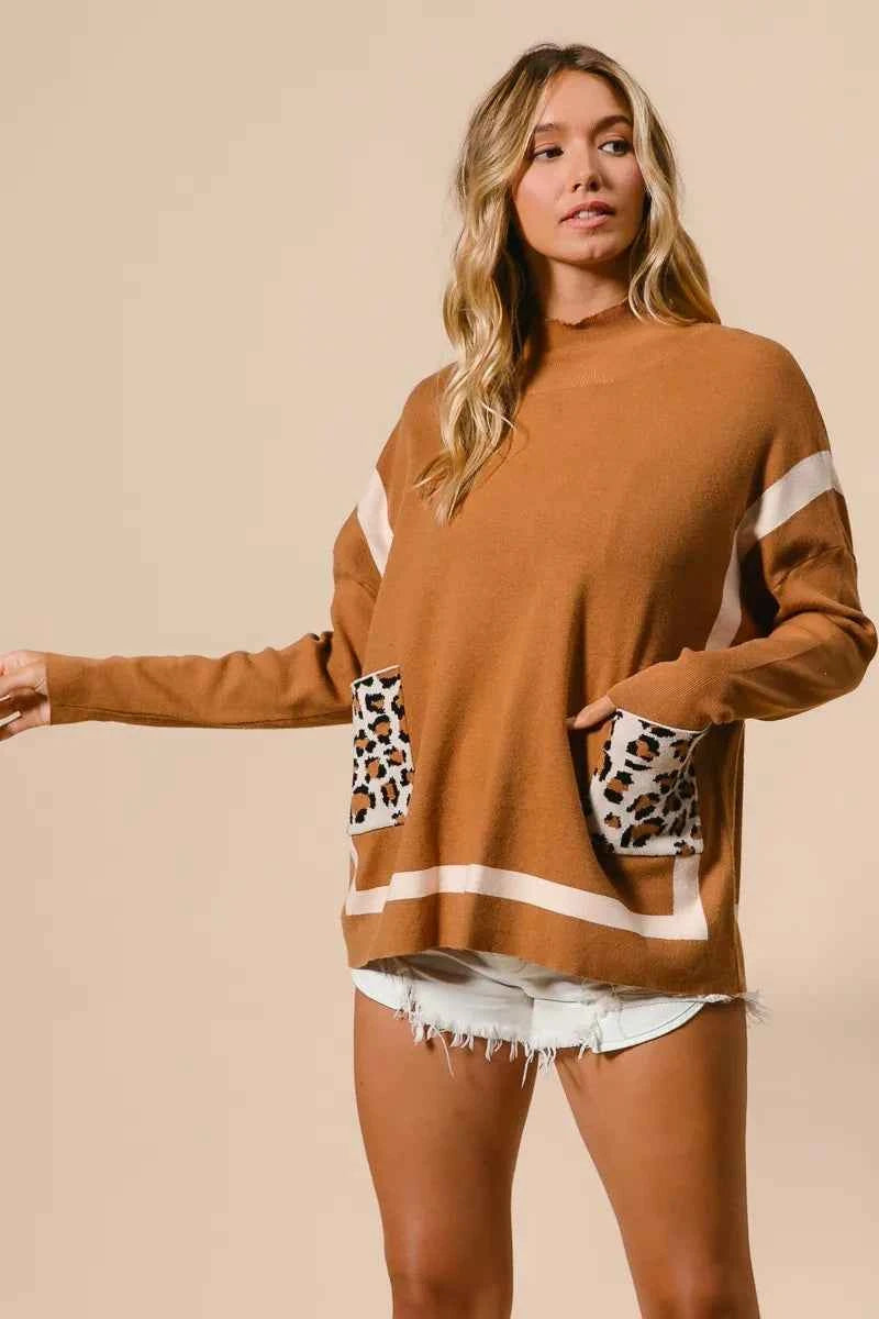 BiBi Mock Neck Sweater with Leopard Pocket