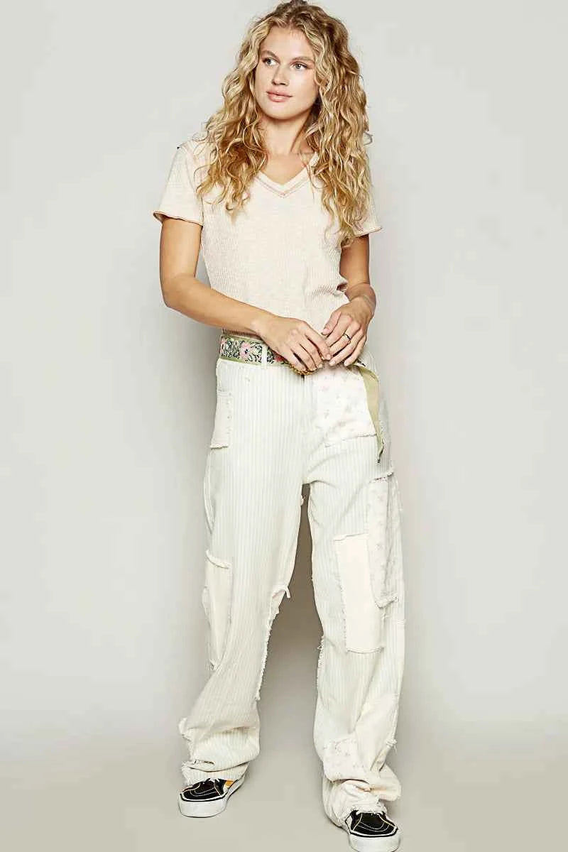 POL V-Neck Short Sleeve Ribbed T-Shirt with Contrast Overlock Stitching