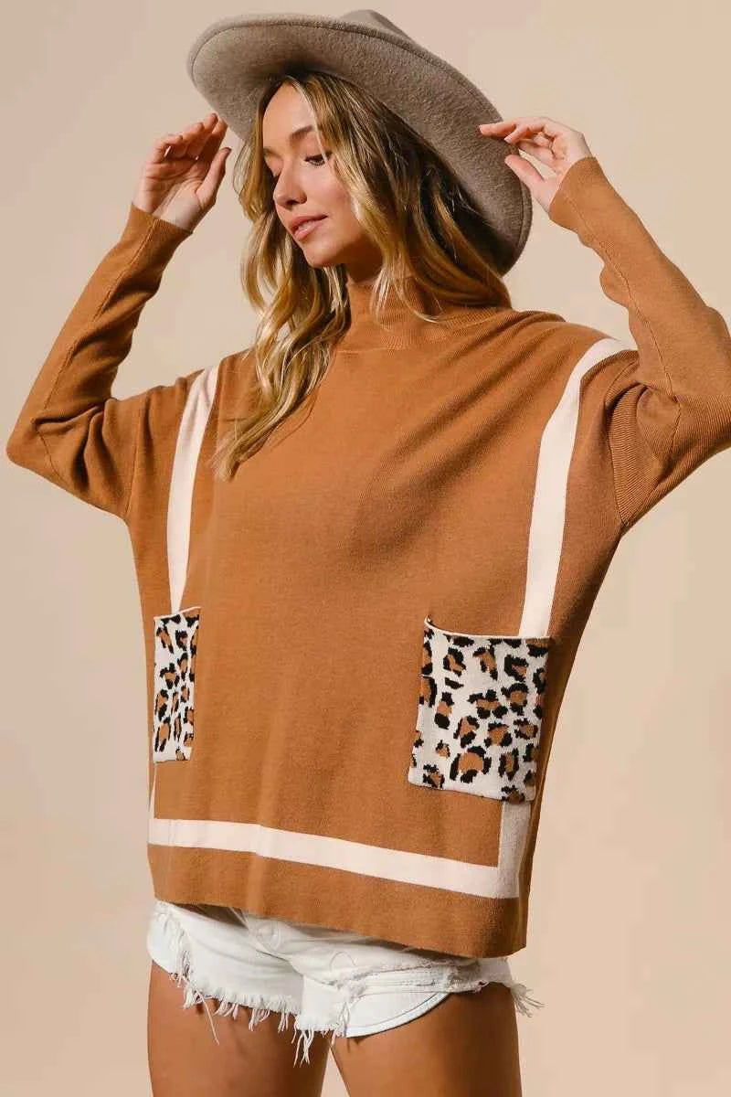 BiBi Mock Neck Sweater with Leopard Pocket