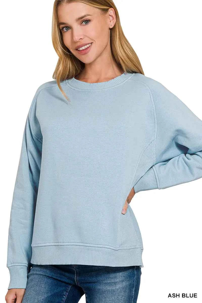 Zenana Fleece Round Neck Ribbed Side Raglan Sweatshirt