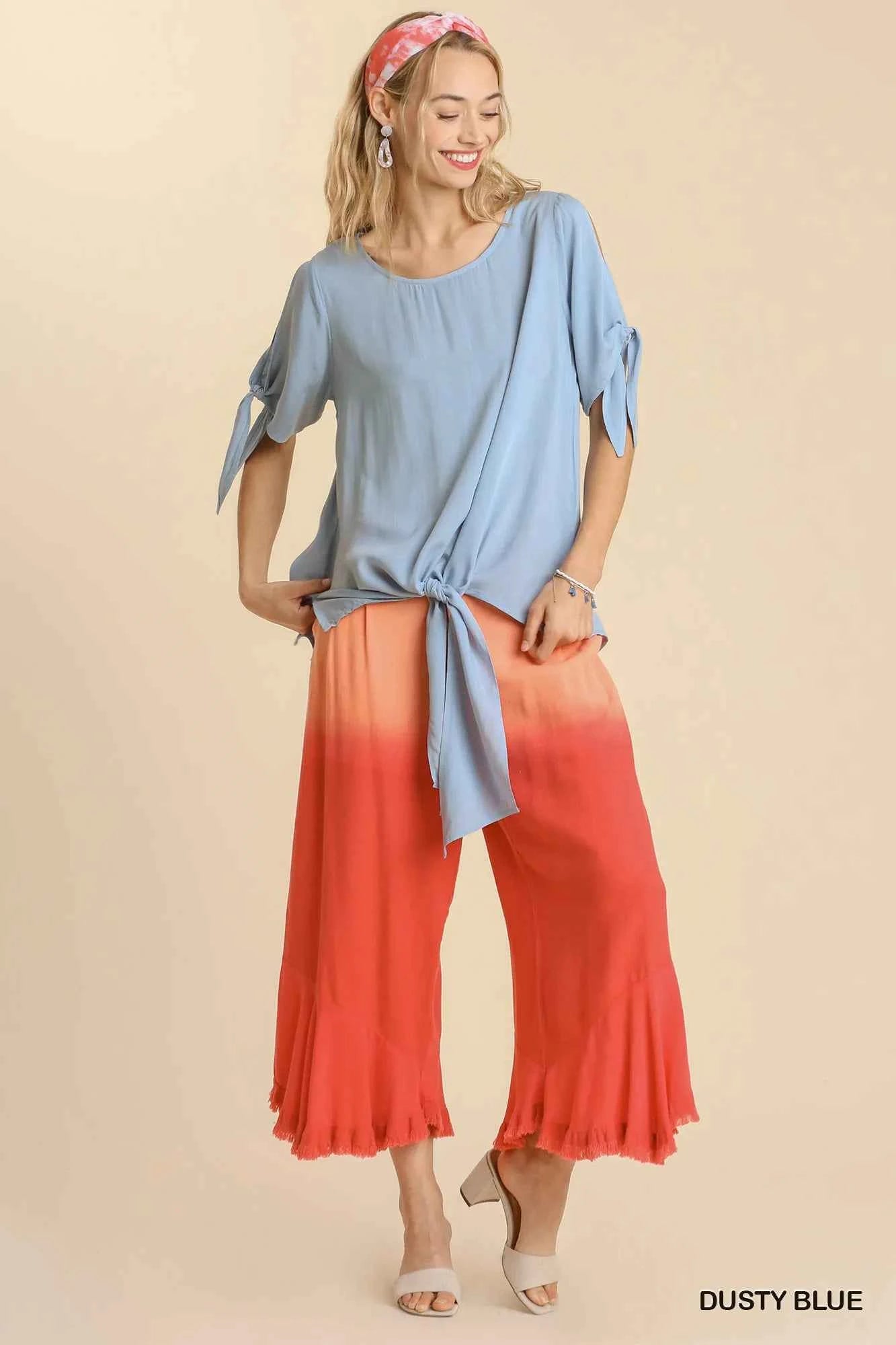 Umgee Cold Shoulder Short Sleeve Round Neck Top with Side Slits and Tie-able Knot Details