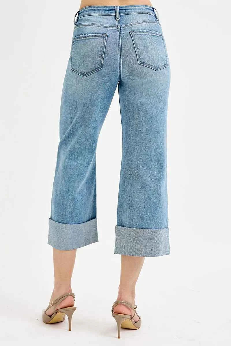 RISEN Full Size Tummy Control High Rise Ankle Wide Cuffed Jeans Plus Size