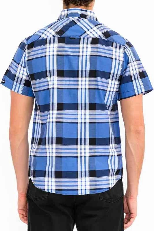 WEIV Men's Full Size Plaid Short Sleeve Button-Up Shirt with Dual Chest Pockets Plus Size