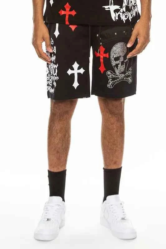 WEIV Men's Full Size Chrome Cross Skull Print Drawstring Shorts Plus Size
