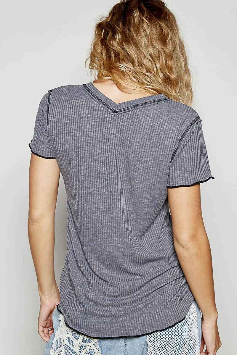 POL V-Neck Short Sleeve Ribbed T-Shirt with Contrast Overlock Stitching