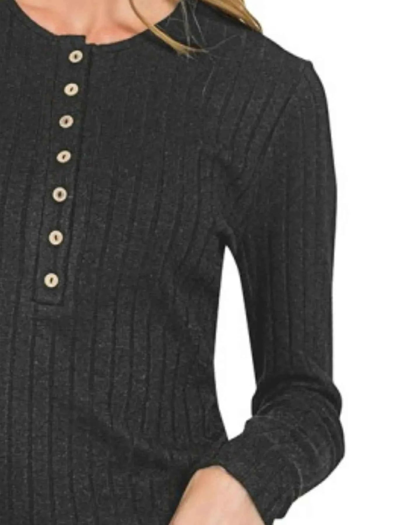 Zenana Ribbed Long Sleeve Half Button Top