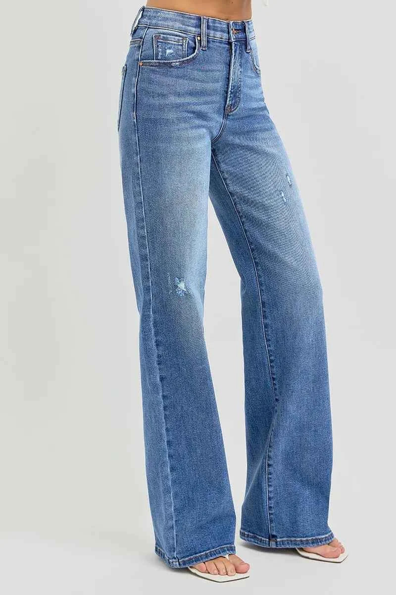 RISEN Full Size Tummy Control Elastic Band High Rise Wide Jeans Plus Size