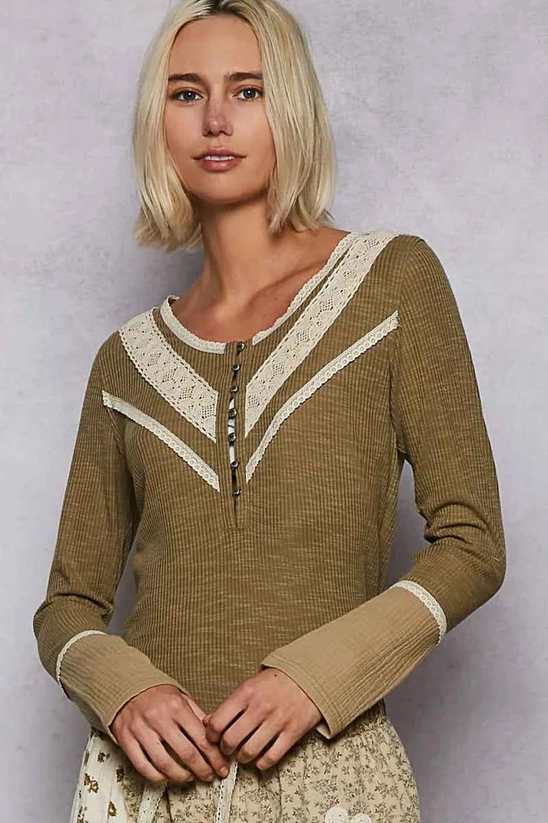 POL Ribbed Half Button Lace Detail Knit Top