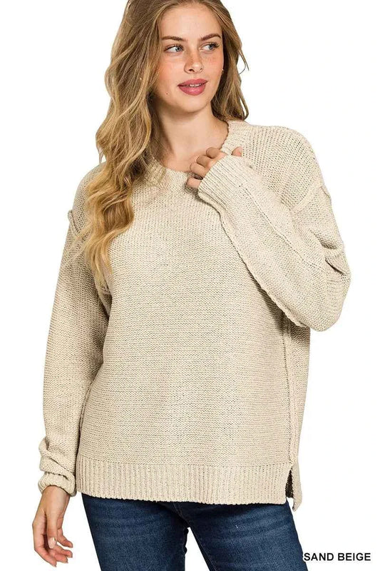 Zenana Exposed Seam Round Neck Sweater