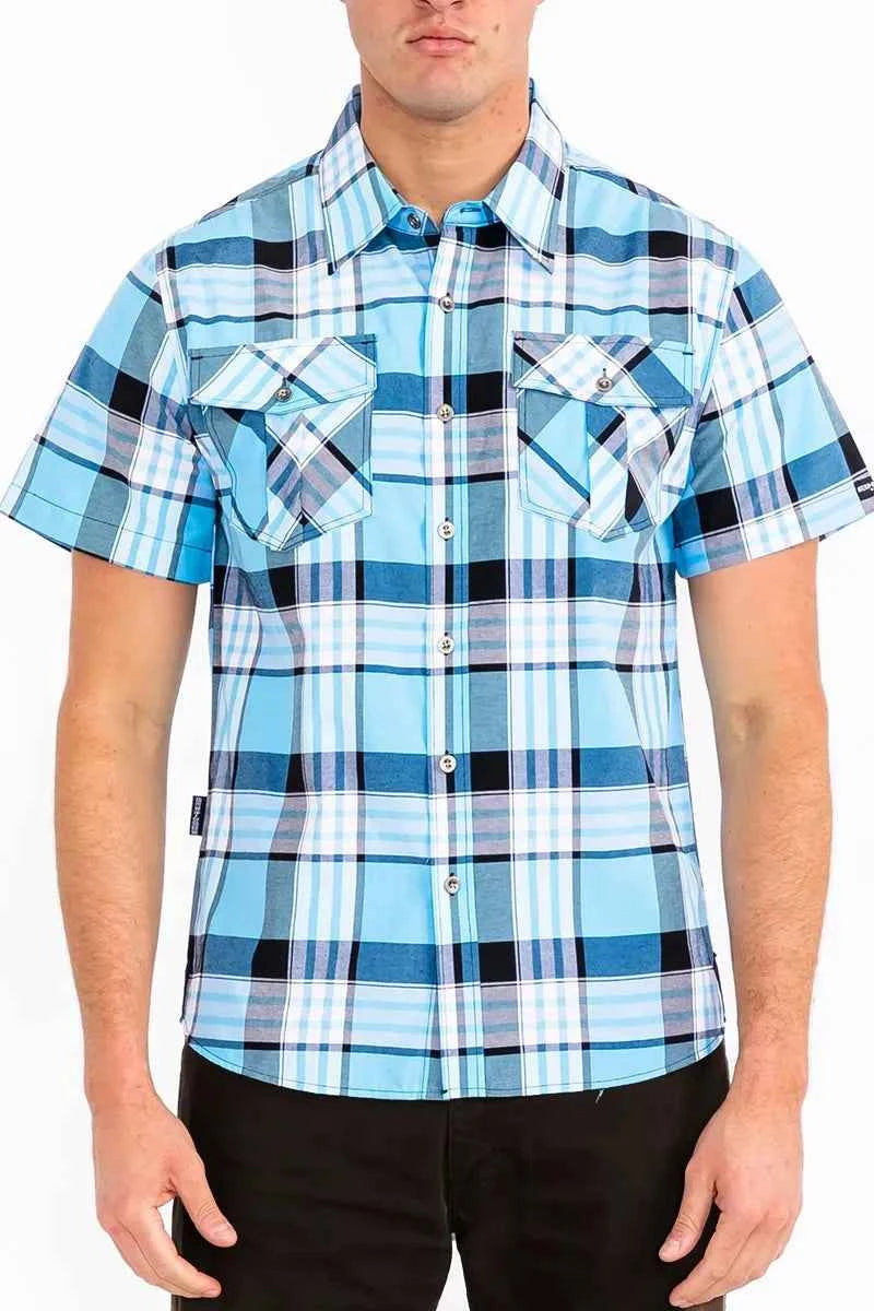 WEIV Men's Full Size Plaid Short Sleeve Button-Up Shirt with Dual Chest Pockets Plus Size