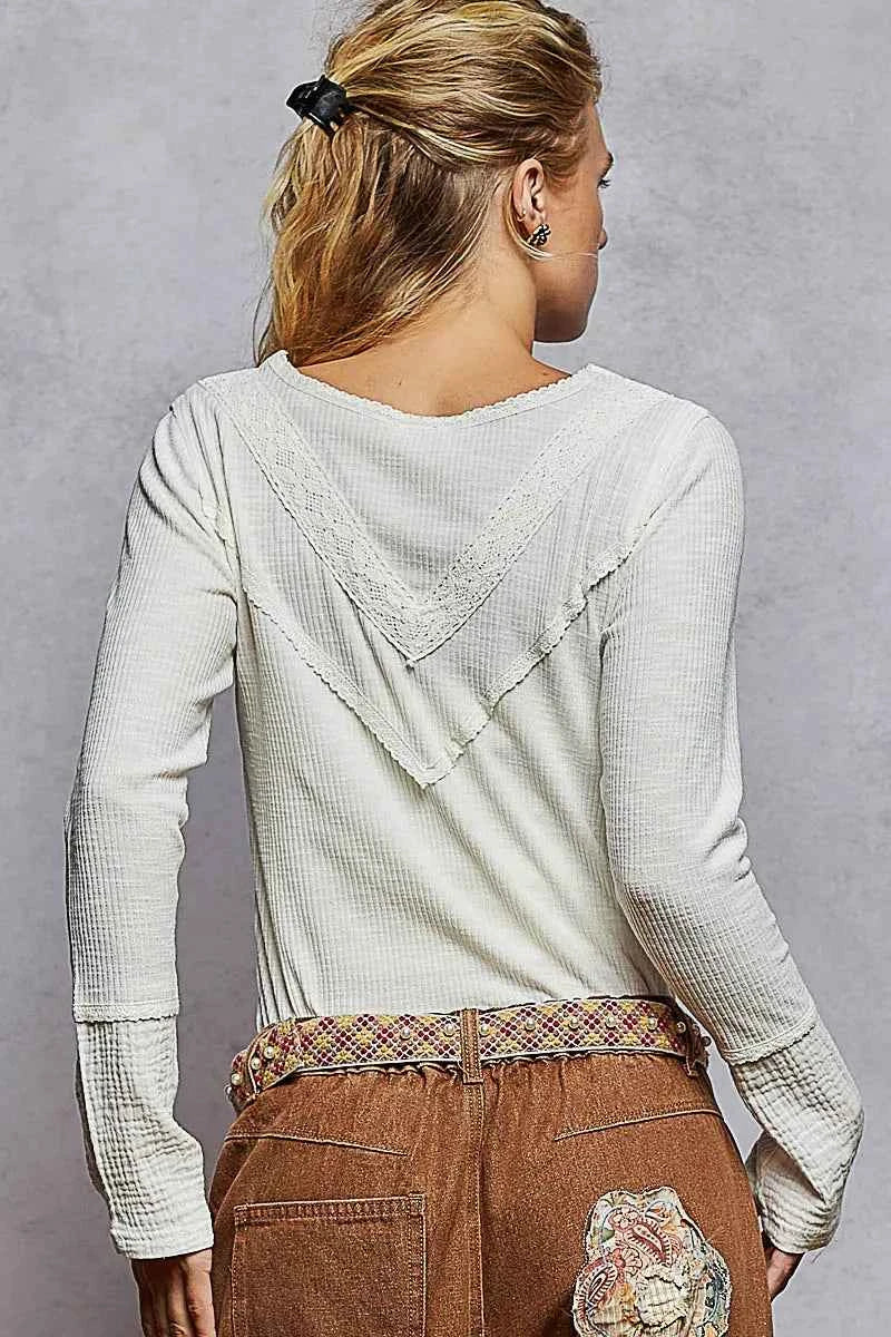 POL Ribbed Half Button Lace Detail Knit Top