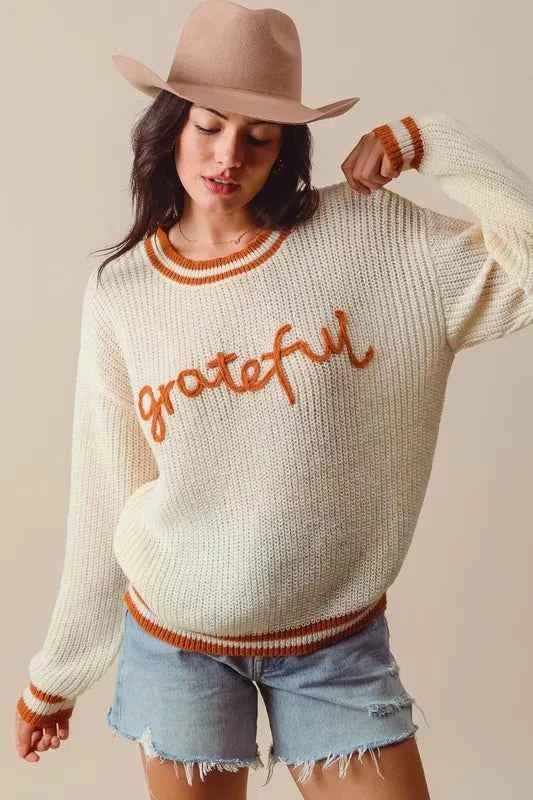 SO ME Thanksgiving Grateful Lettering Stitch Sweater